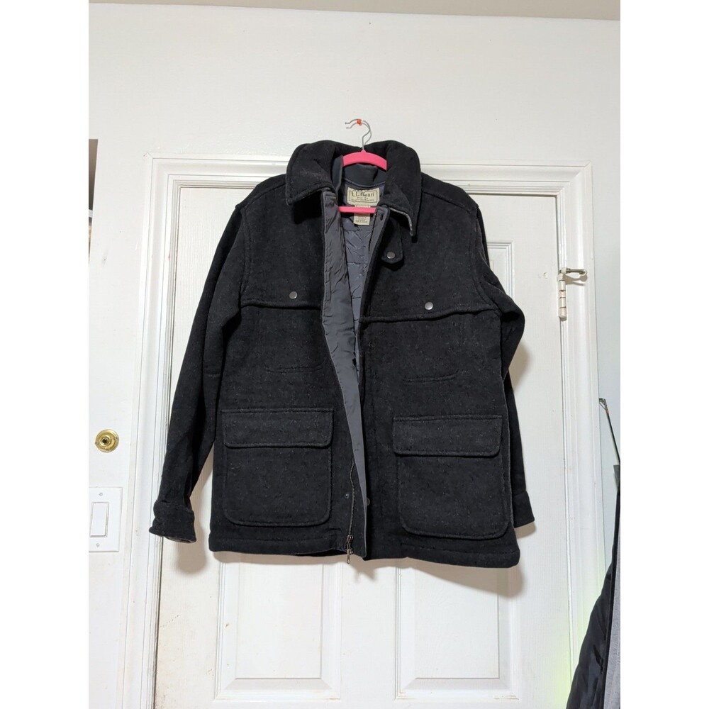 L.L. Bean Wool Field Pea Coat Jacket Plaid Lined Men's Medium Gray Vintage